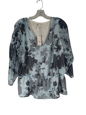WHBM Top Womens L Blue Floral Stripe Elbow Shirred Kimono Sleeve Peplum V Neck